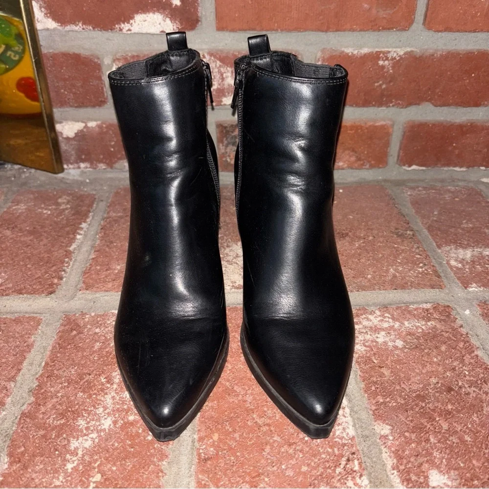 Indigo Black Leather Zip Ankle Boots with Block Heel